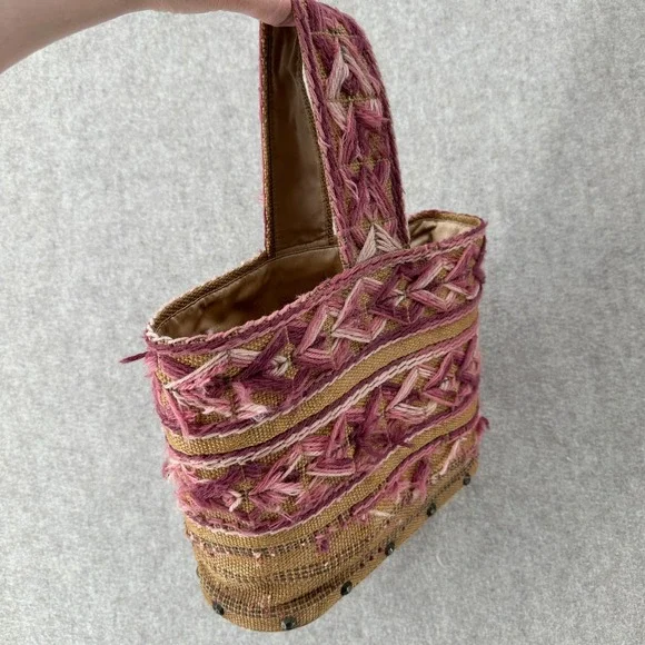 VTG Handmade Burlap Yarn Embroidered Tote Bag Geometric Stitched Pink Brown Boho - Picture 2 of 16